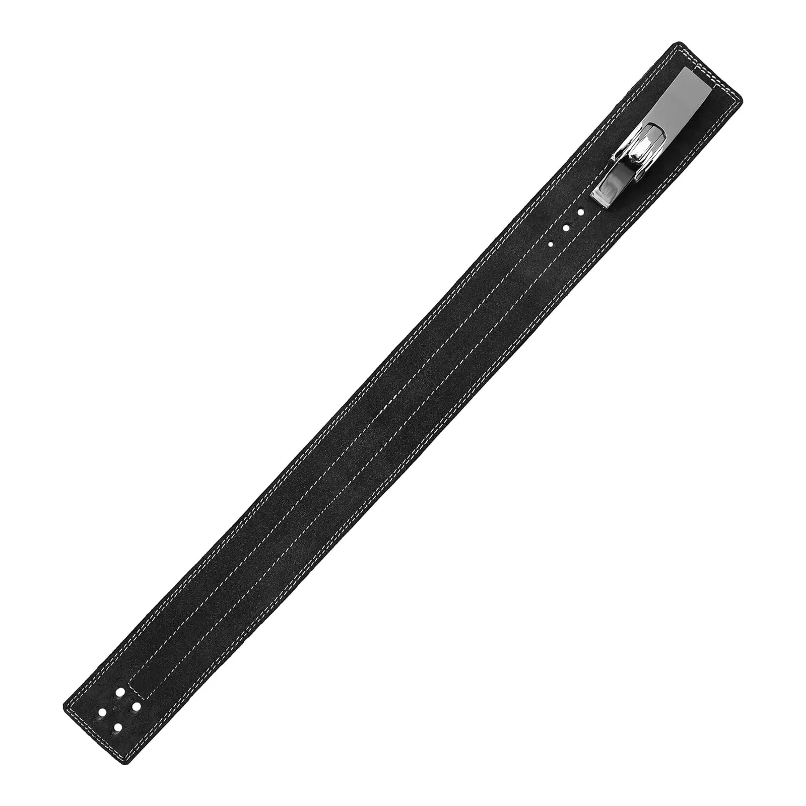 Full length of the black lever belt laid flat with adjustment holes visible