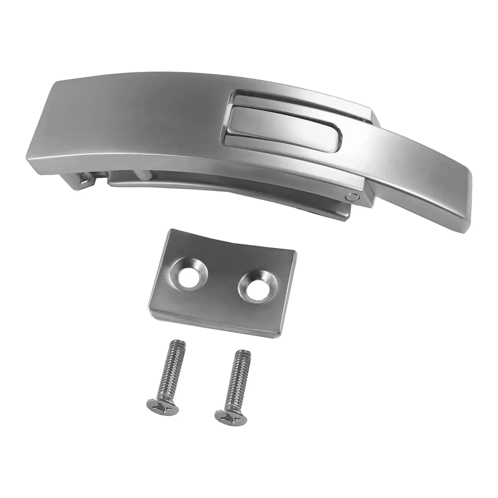 Stainless steel lever, mounting plate and two Phillips-head screws laid out separately